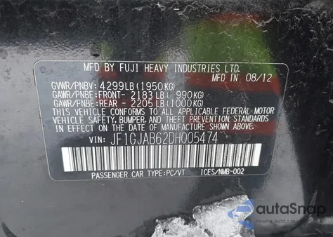 2013 Subaru Impreza 2.0I Premium z USA, uszkodzony, nr VIN JF1GJAB62DH005474